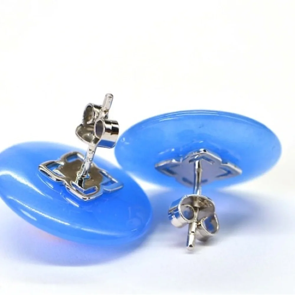 .925 Blue Jade Flower Stud Earrings floral Stud Sterling silver post earrings - Picture 3 of 9